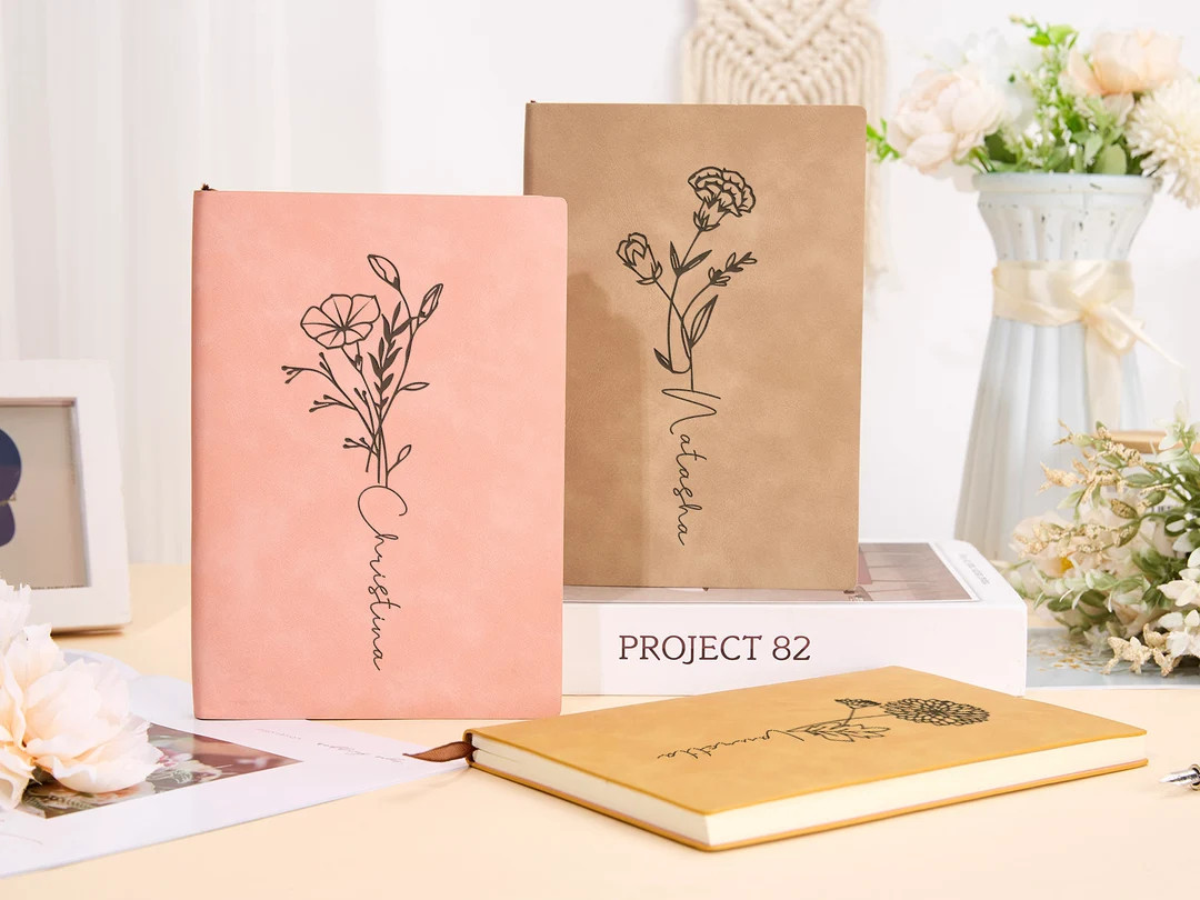 Leather Journal Monogrammed Journal Personalized Birth Flower - Etsy | Etsy (US)