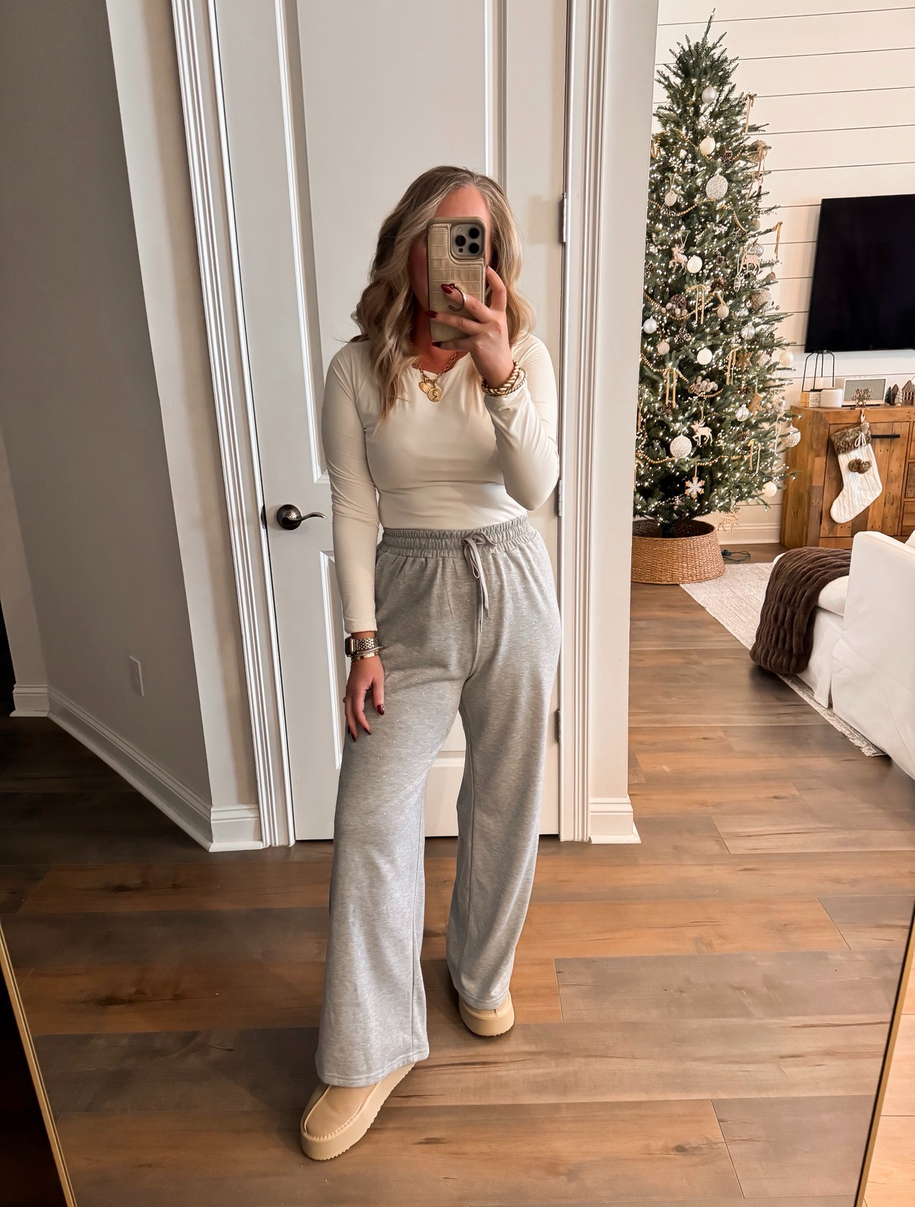 Comfy look perfect for lounging on NYE ✨🍾 sweatpants with sparkle detail, padded long sleeve top, holiday style, New Year's Eve, casual look, winter style, Amazon fashion.  

 #LTKHoliday #LTKootd #LTKFindsUnder50