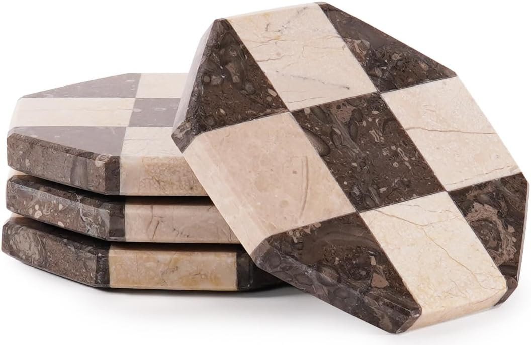Marble Coasters Set of 4, Oceanic & Verona Handmade 4 inch Star Stone Coaster, Decorative Checkered Cup Coaster for Coffee Table, Housewarming Gift & Luxury Kitchen Accessories | Amazon (US)