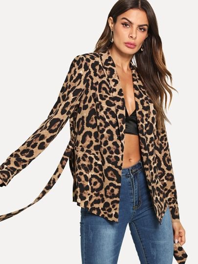 SHEIN Shawl Collar Belted Leopard Blazer | SHEIN