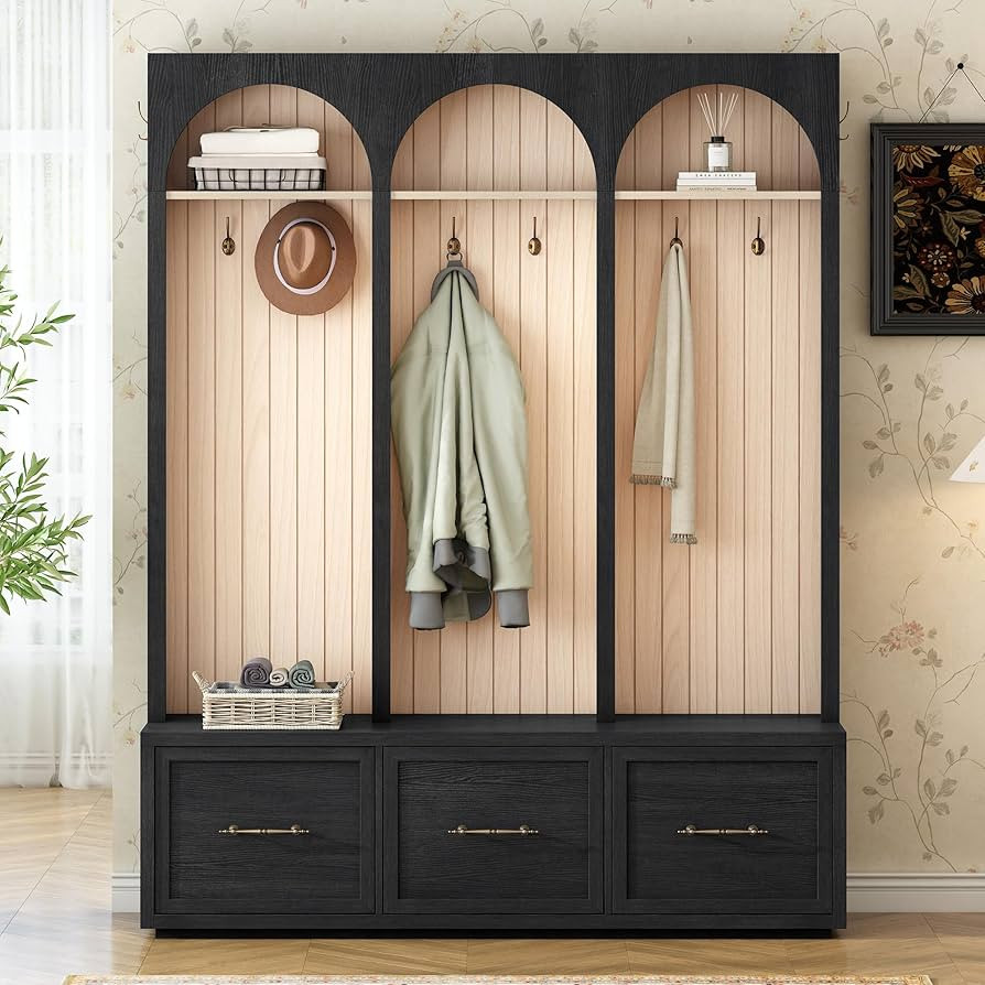 Merax Farmhouse Wood Hall Tree with 8 Hooks and Storage Shoe Bench, Arched Mudroom Versatile Coat... | Amazon (US)