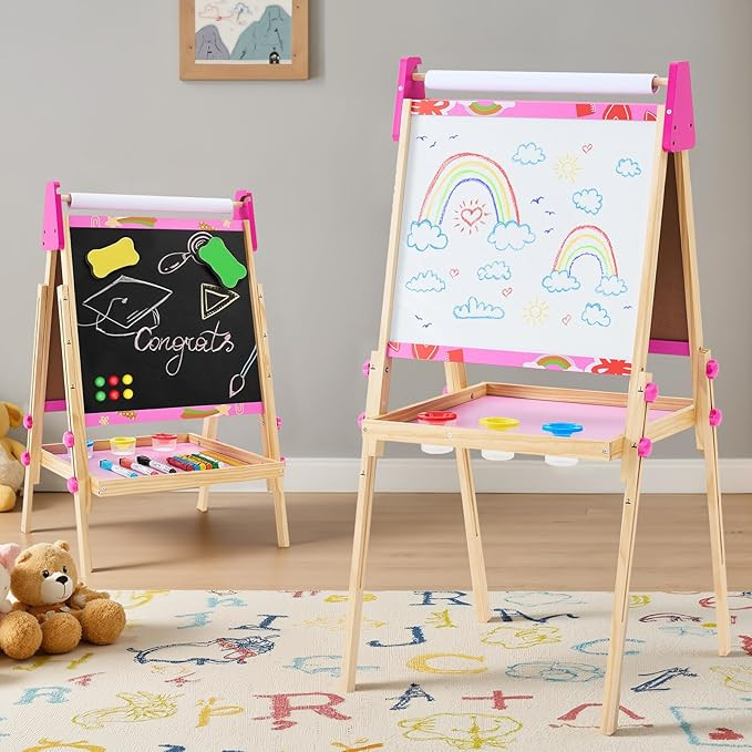 DUMOS Kids Easel Set with Paper Roll, Adjustable Height Wooden Double-Sided Magnetic Chalkboard &... | Amazon (US)