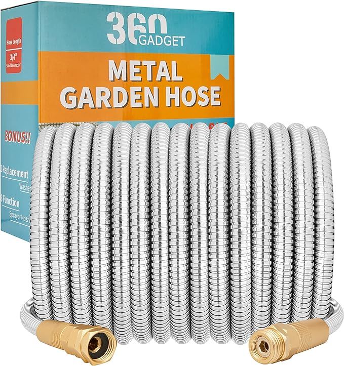 360Gadget Metal Garden Hose - 100ft Heavy Duty Stainless Steel Water Hose with 8 Function Sprayer... | Amazon (US)