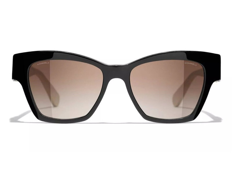 Chanel Black w White Leather Arm "CC" Logo Frame/Brown Gradient Lens Sunglasses | JTV Jewelry