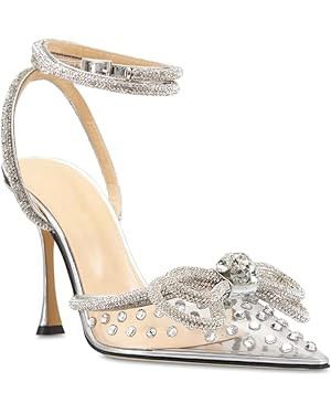 Clear Rhinestone Ankle Strap Pumps Heels with Crystal Double Bows 3 inch | Amazon (US)