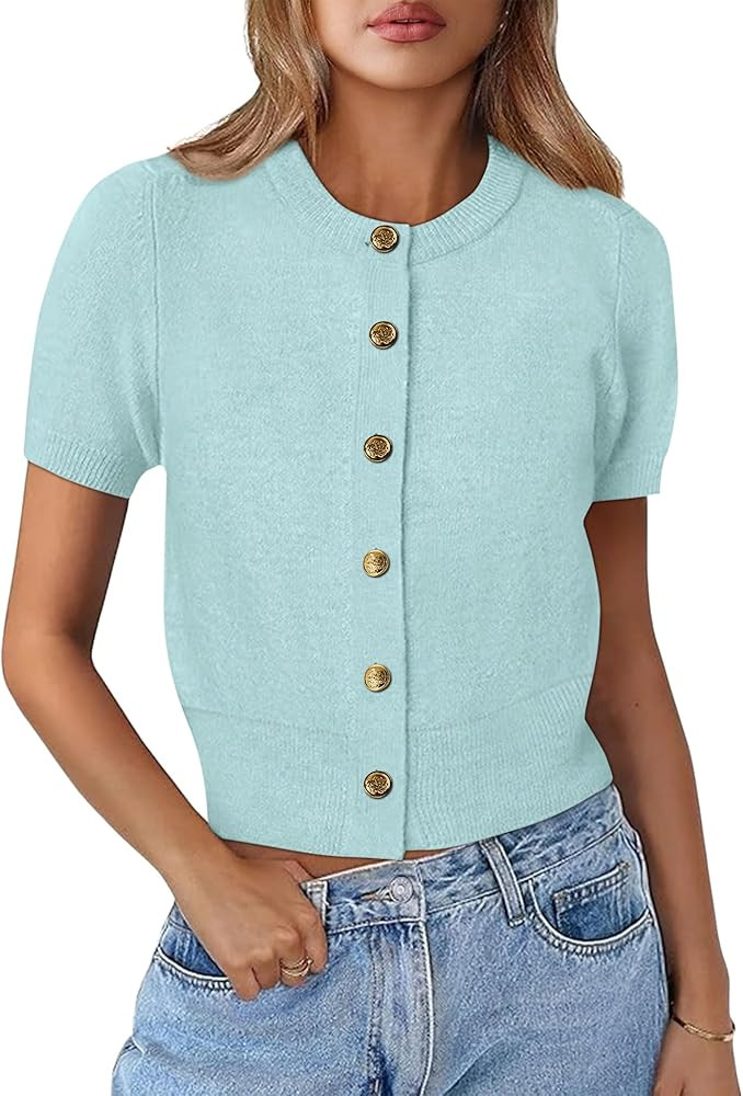 Kistore Womens Summer Casual Short Sleeve Sweater Cardigan Button Down Crew Neck Knitted Crop Car... | Amazon (US)