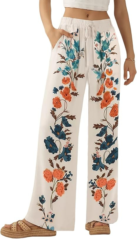 Kedera Women's Drawstring High Waist Floral Prints Trousers Straight Leg Pants Boho Summer Casual... | Amazon (US)