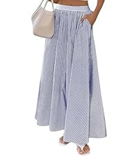 Women's Vertical Striped Skirts Elastic Waist Maxi Long Cotton Skirts with Pockets | Amazon (US)