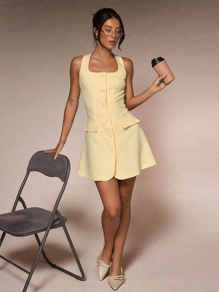 Glamine New Early Spring Square Neck Sleeveless Faux Pocket Slim Fit Commuting Lady Casual Mini Dress Woman Dress | SHEIN