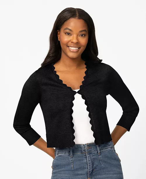 Women's 3/4-Sleeve Scalloped Cropped Cardigan Sweater | Macy's