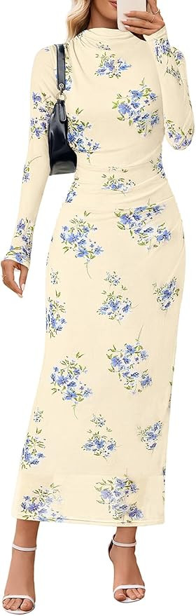 MEROKEETY Women's Long Sleeve Fall Wedding Guest Dress 2025 Bodycon Floral Mesh Ruched Cocktail M... | Amazon (US)