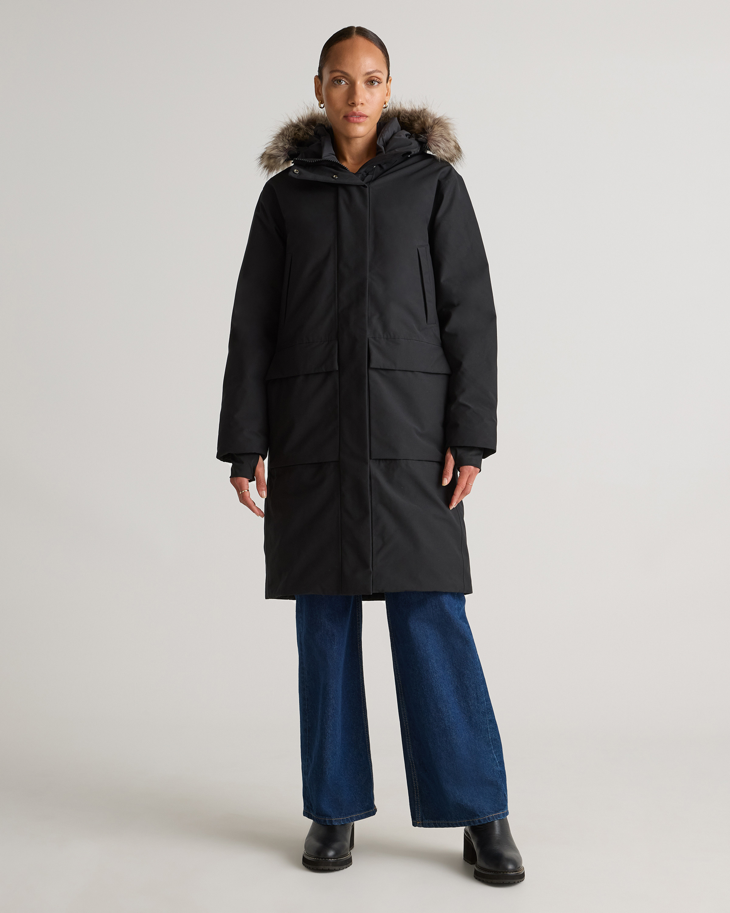 Quince | Women's Responsible Down Hooded Long Parka in Black, Size XS, Recycled Polyester | Quince