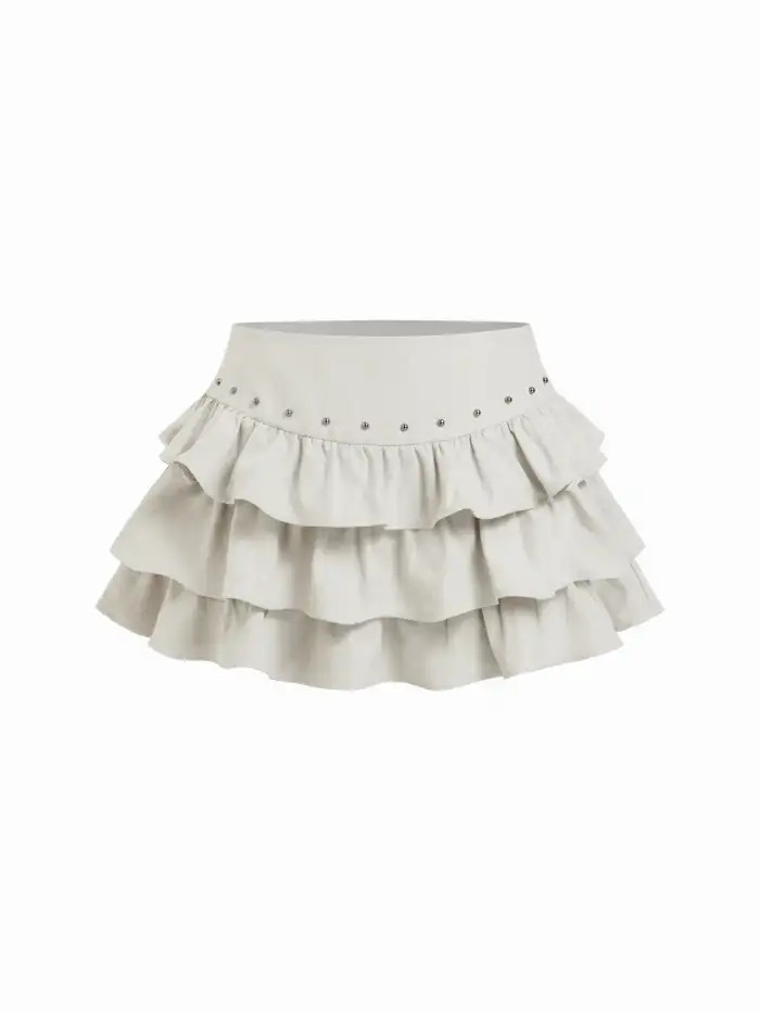 Woven Low Rise Ruffled Metal Detail Layered Mini Skort  For Daily Casual | Cider