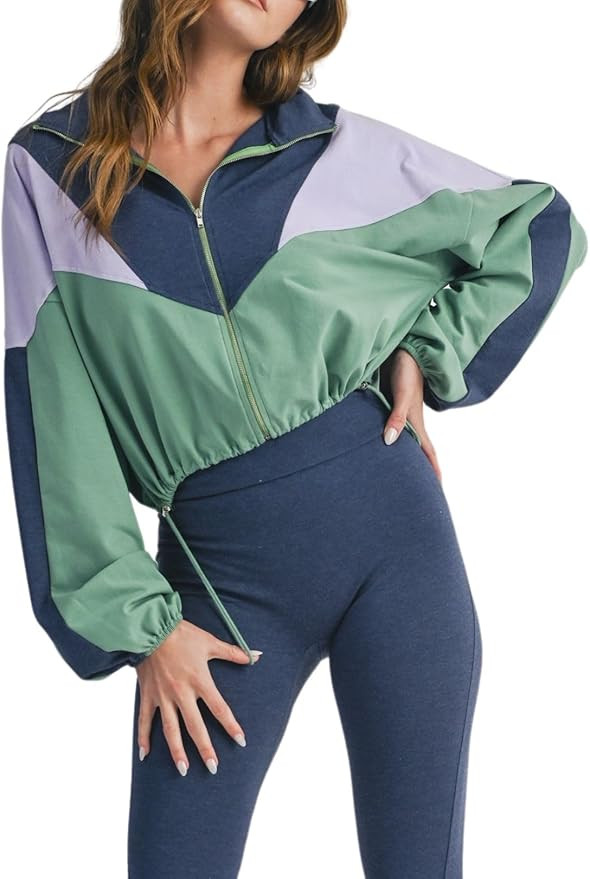 Women's Cropped Lightweight Windbreaker Color Block Zipper Sport Jacket Long Sleeve Coat | Amazon (US)