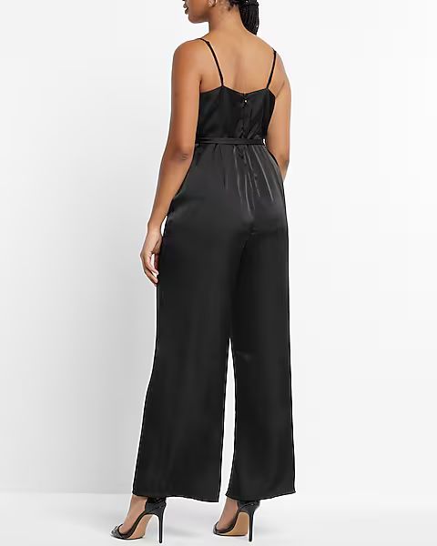 Satin Belted Cowl Neck Wide Leg Jumpsuit | Express