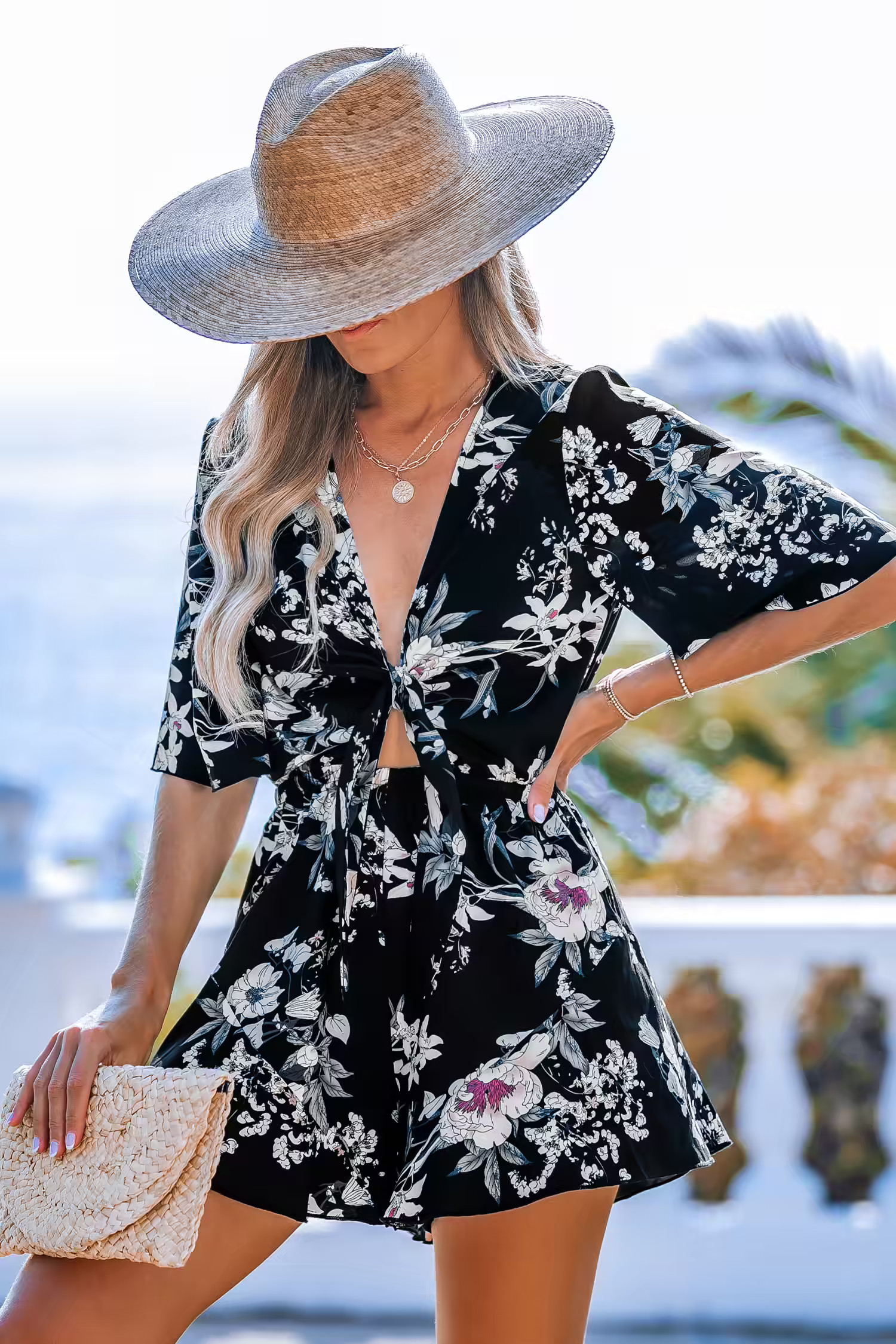 NewX Iskra Black Floral Tie Front Romper | Cupshe US