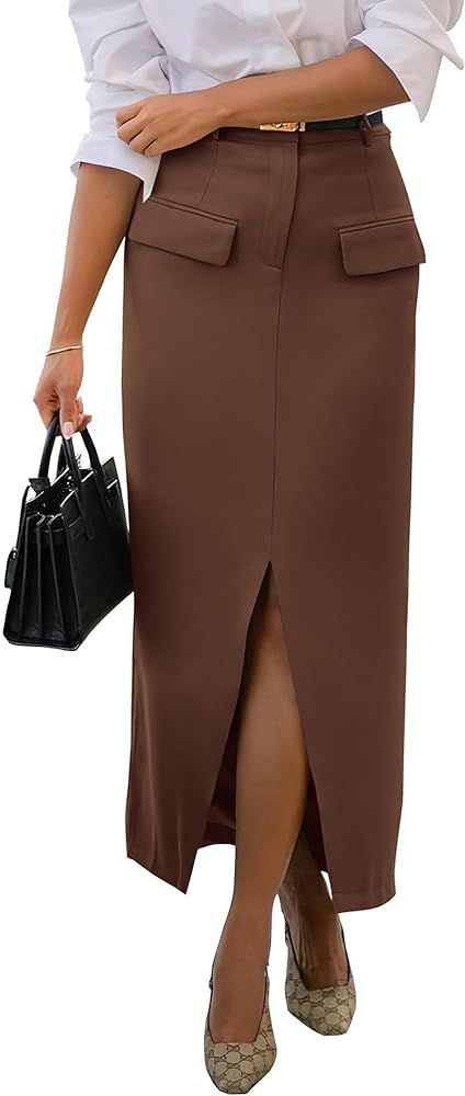 Women High Waisted Maxi Skirt Trendy Summer Slim Business Casual Dresses Decorative Pocket ... | Amazon (US)