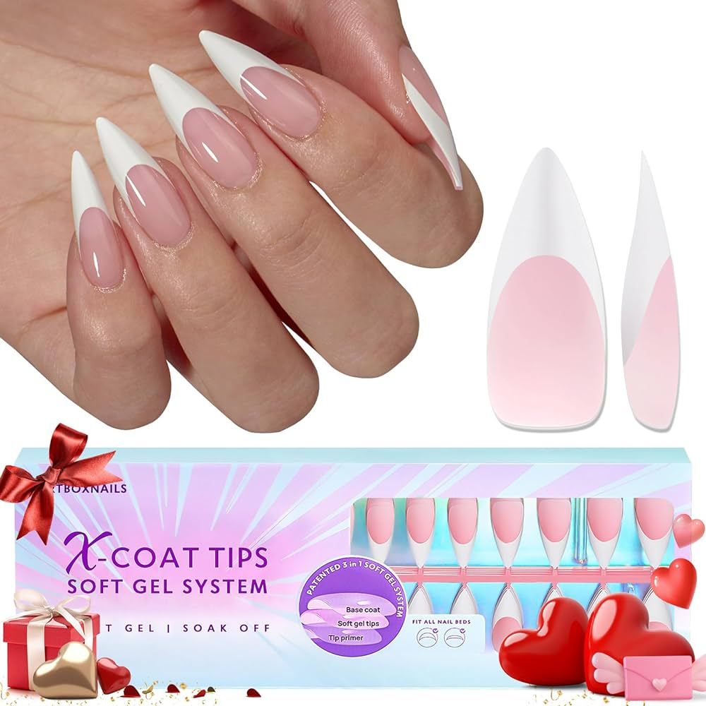 BTArtboxnails French Gel Nail Tips - Press on Nails Pink Long Stiletto XCOATTIPS Pre-applied Tip ... | Amazon (US)