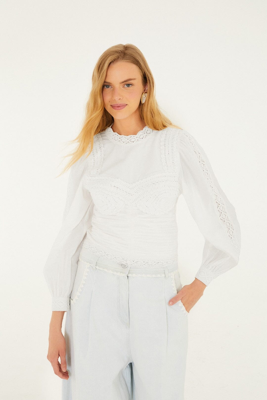 Off-White Crew Neck Long Sleeve Crochet Blouse | FARM Rio | FarmRio (US)