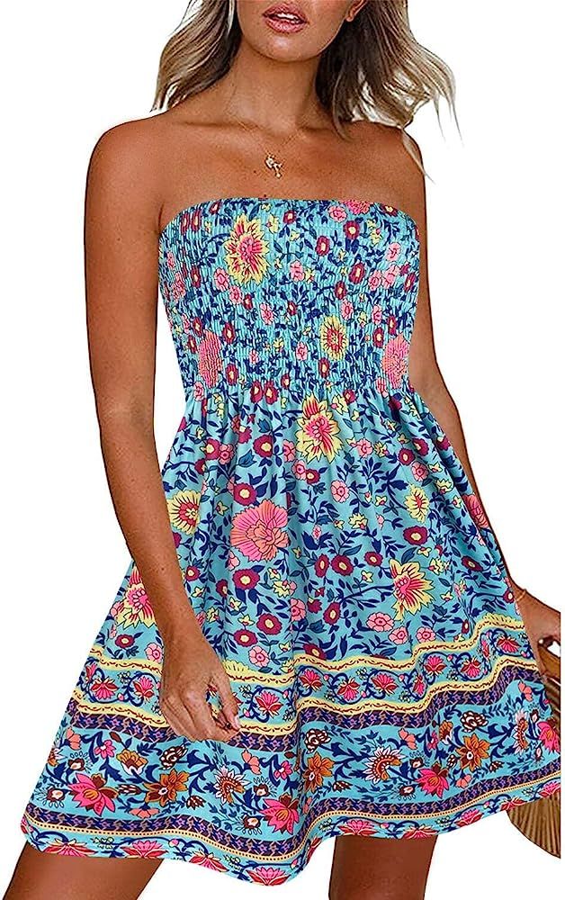 CHICGAL Summer Dresses for Women Beach Cover Ups Strapless Boho Floral Print Sundress | Amazon (US)