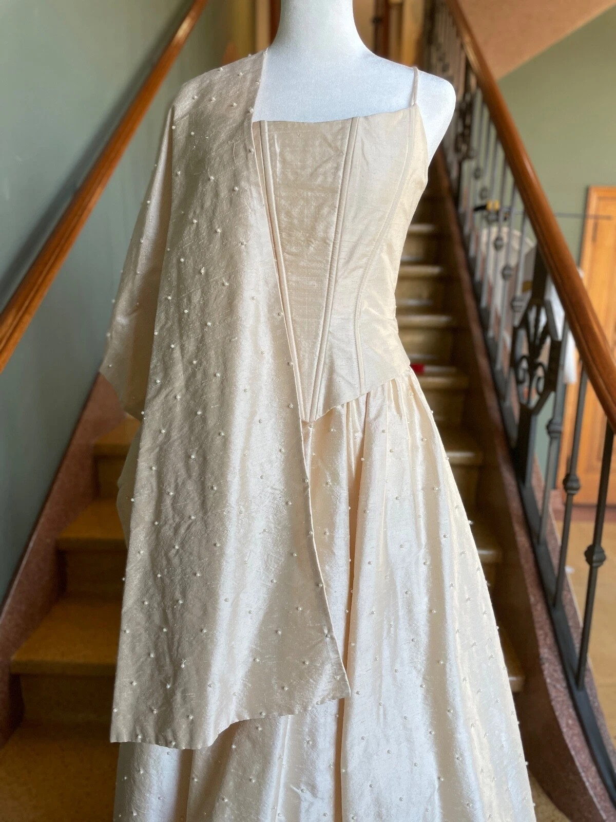 JESSICA McCLINTOCK Champagne Silk Satin Formal Gown &amp; Shawl w/Pearl Beading sz 6  | eBay | eBay US