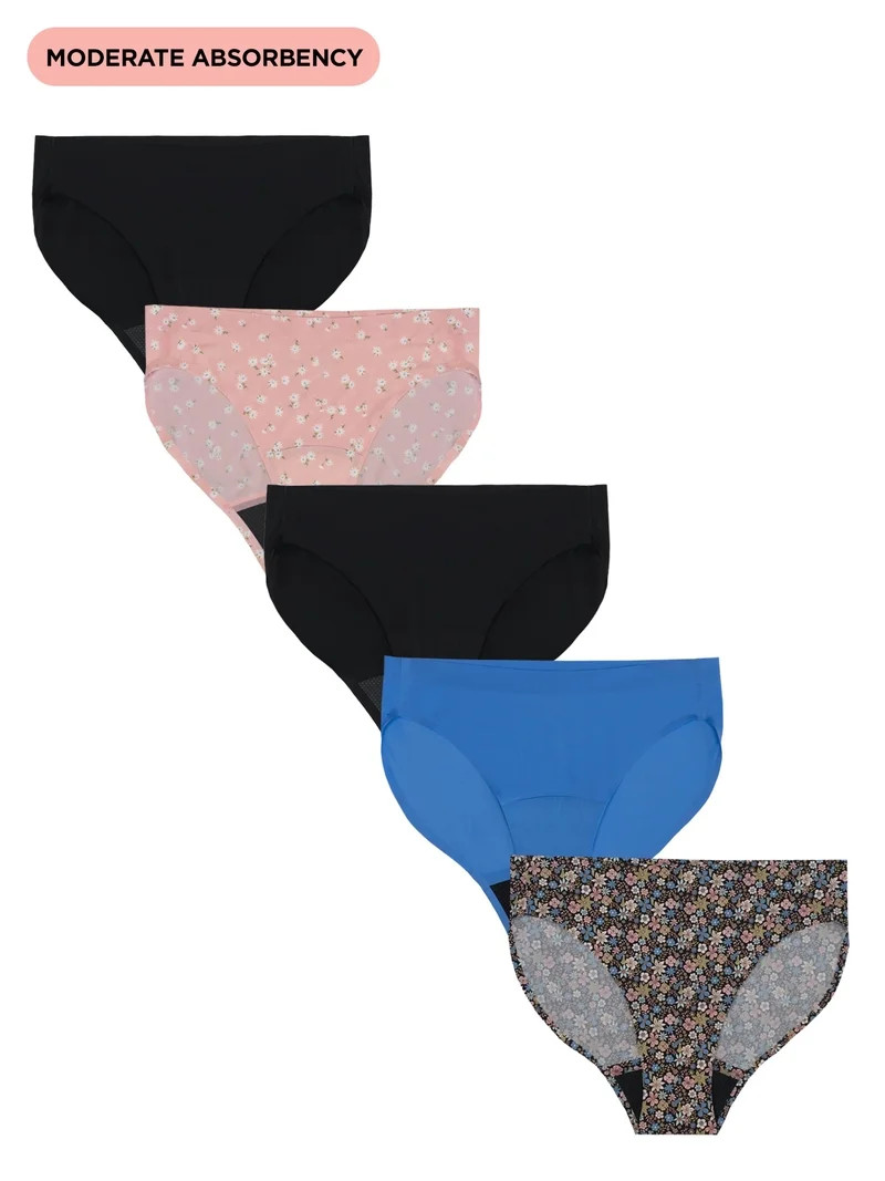 No Boundaries Bikini Moderate Absorbency Period Underwear, 5-Pack, Women\u2019s Sizes S-XXL | Walmart (US)