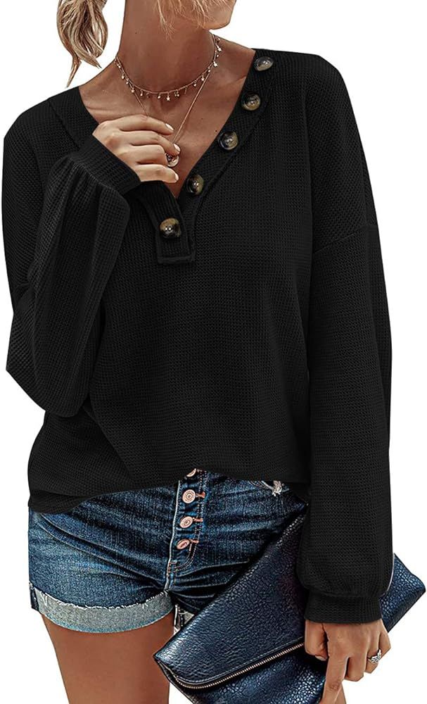 MEROKEETY Women Long Sleeve Waffle Knit Pullover Tops V Neck Button Shirts Blouses | Amazon (US)