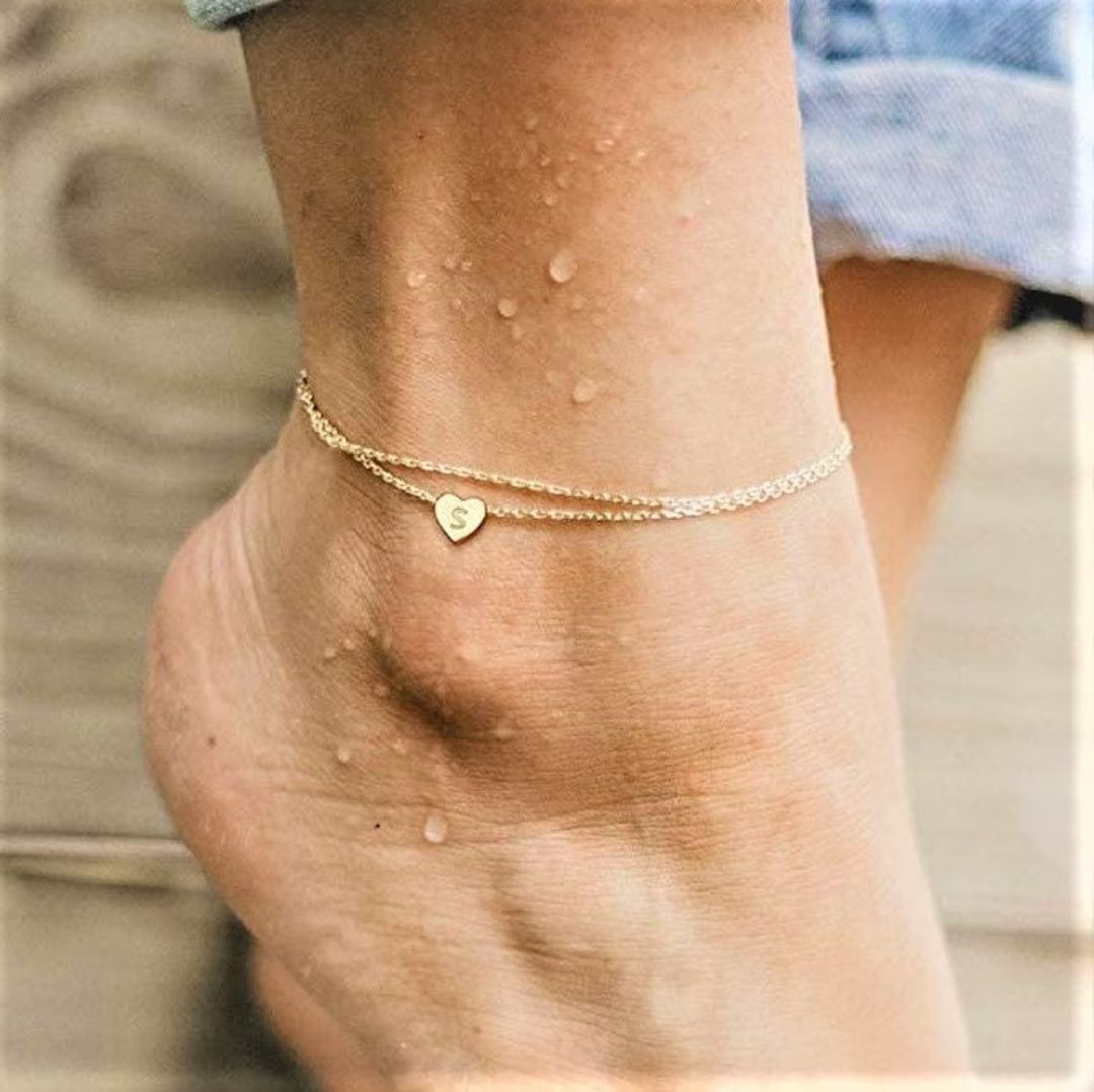 Ankle Bracelets,  14K Gold Plated Dainty Layered Heart Initial Anklets for Women,  Summer Jewelry... | Etsy (US)