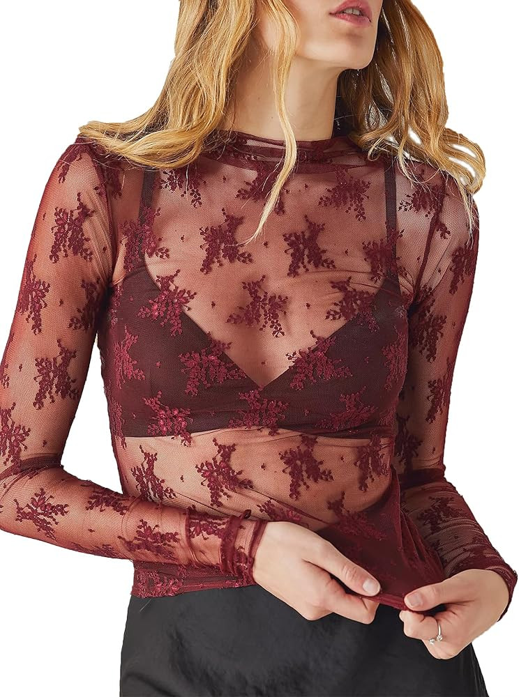 Lace Tops for Women Long Sleeve Mock Neck Mesh Top Sexy Sheer Shirts See Through Floral Blouses | Amazon (US)