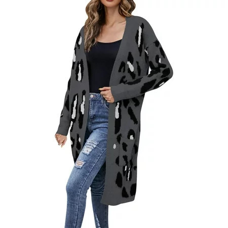 ZMHEGW Cardigan For Women Trendy Winter V Neck Leopard Print Knitted Long Coat Fall Sweaters | Walmart (US)