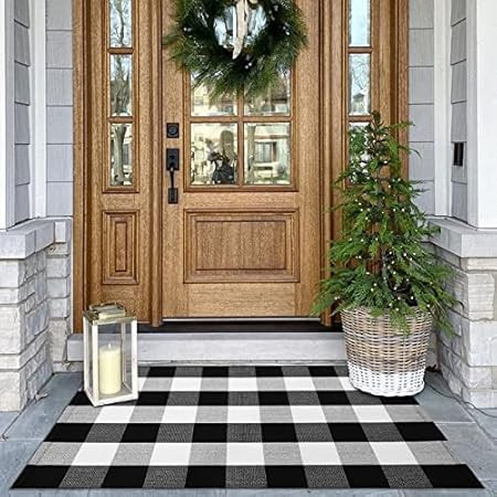 Khaki and White Striped Outdoor Rug 24'' x 51''Outdoor Front Porch Rug Hand-Woven Machine Washabl... | Amazon (US)