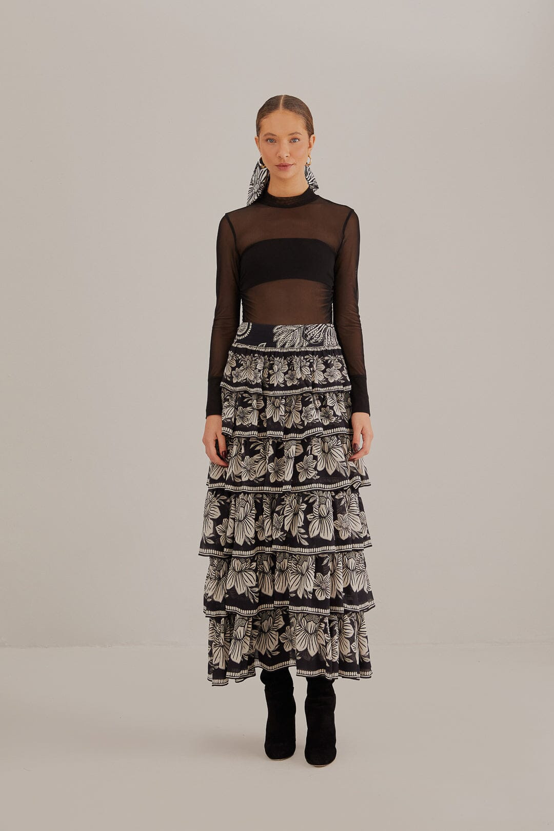 black paisley bloom tiered skirt | FarmRio (US)