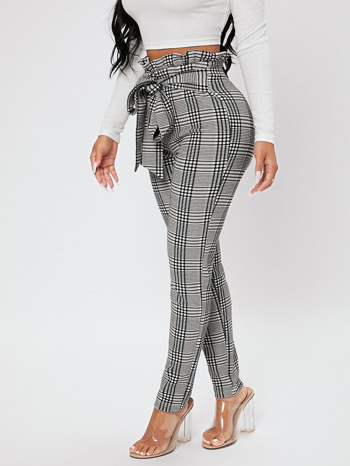 SHEIN PETITE Plaid Print Paperbag Waist Knot Front Pants | SHEIN