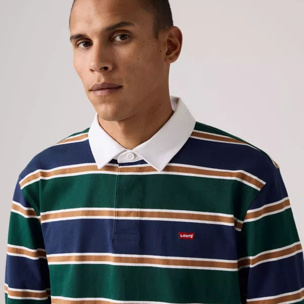 Levi's® Men's Relaxed Fit Long Sleeve Rugby Polo Shirt - Navy Blue/Green Striped S | Target