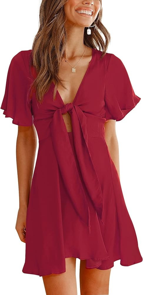 SPRIME Women's Summer Casual Dress V Neck Short Flared Sleeve Flowy Solid Dresses Tie Knot Front ... | Amazon (US)