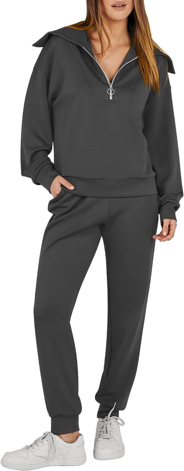 ANRABESS Women 2 Piece Outfits Sweatsuit 2024 Fall Half Zip Sweatshirt Jogger Sweatpants Tracksui... | Amazon (US)