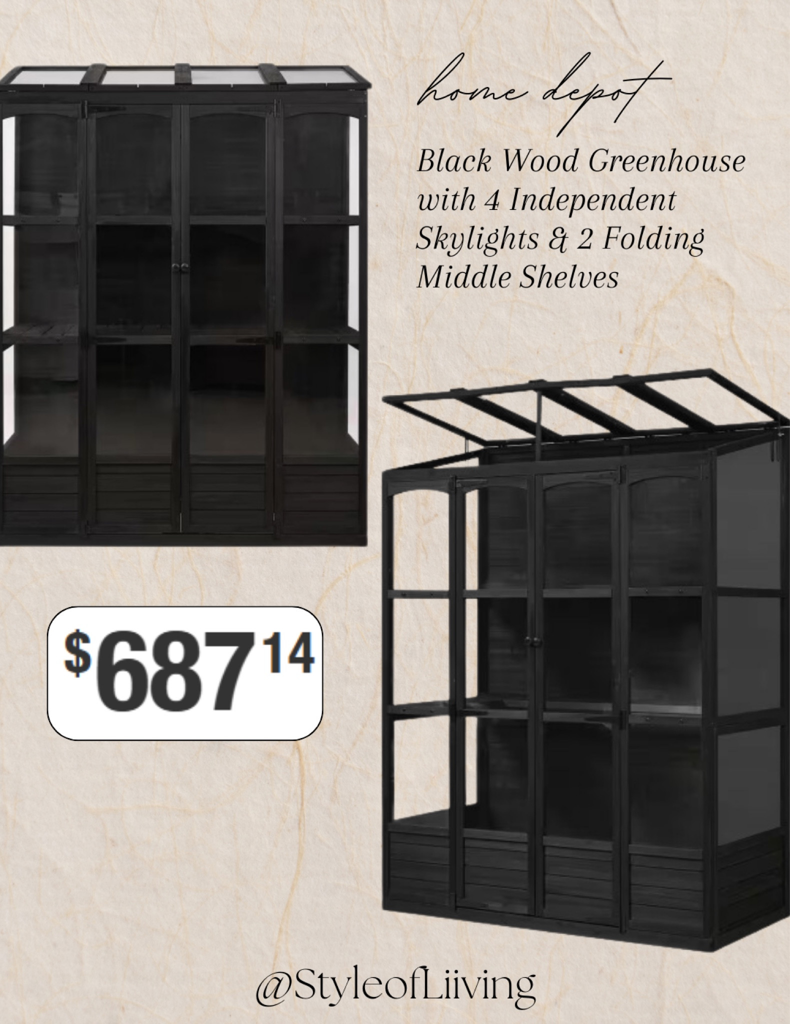 Home Depot’s black wood greenhouse with 4 independent skylights and 2 folding middle shelves.

#LTKSeasonal #LTKHome #LTKFamily