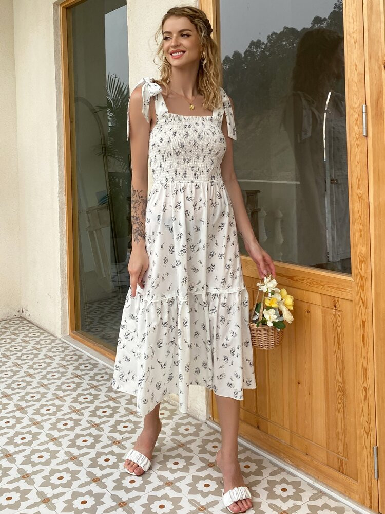 Missord Ditsy Floral Knot Shoulder Shirred Detail Slip Dress | SHEIN