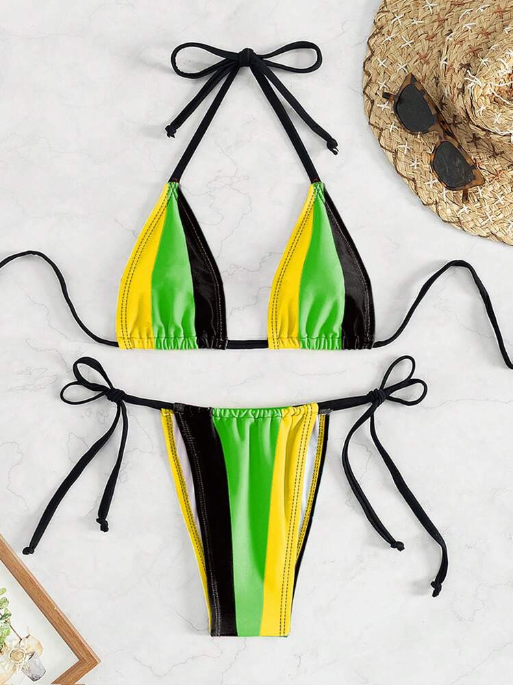 SHEIN Swim Women's Color Blocking Halter Tie Sexy Bikini Set For Holiday,Summer Beach | SHEIN