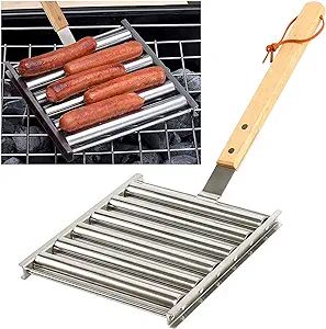 KAYCROWN Hot Dog Roller Stainless Steel Sausage Roller Rack with Extra Long Wood Handle, BBQ Hot ... | Amazon (US)