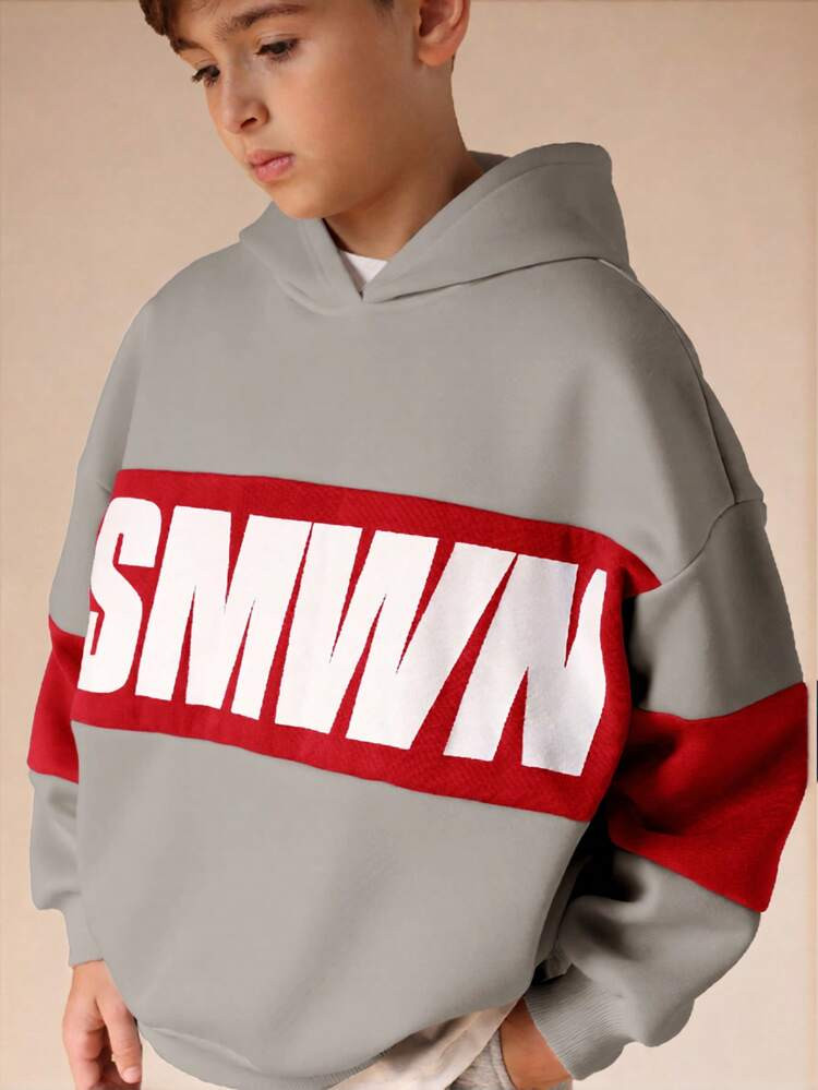SUMWON Oversized Boys Pullover Hoodie With Logo Print Casual Winter Sweatshirt Long Sleeve Everyday Comfort Vacation | SHEIN
