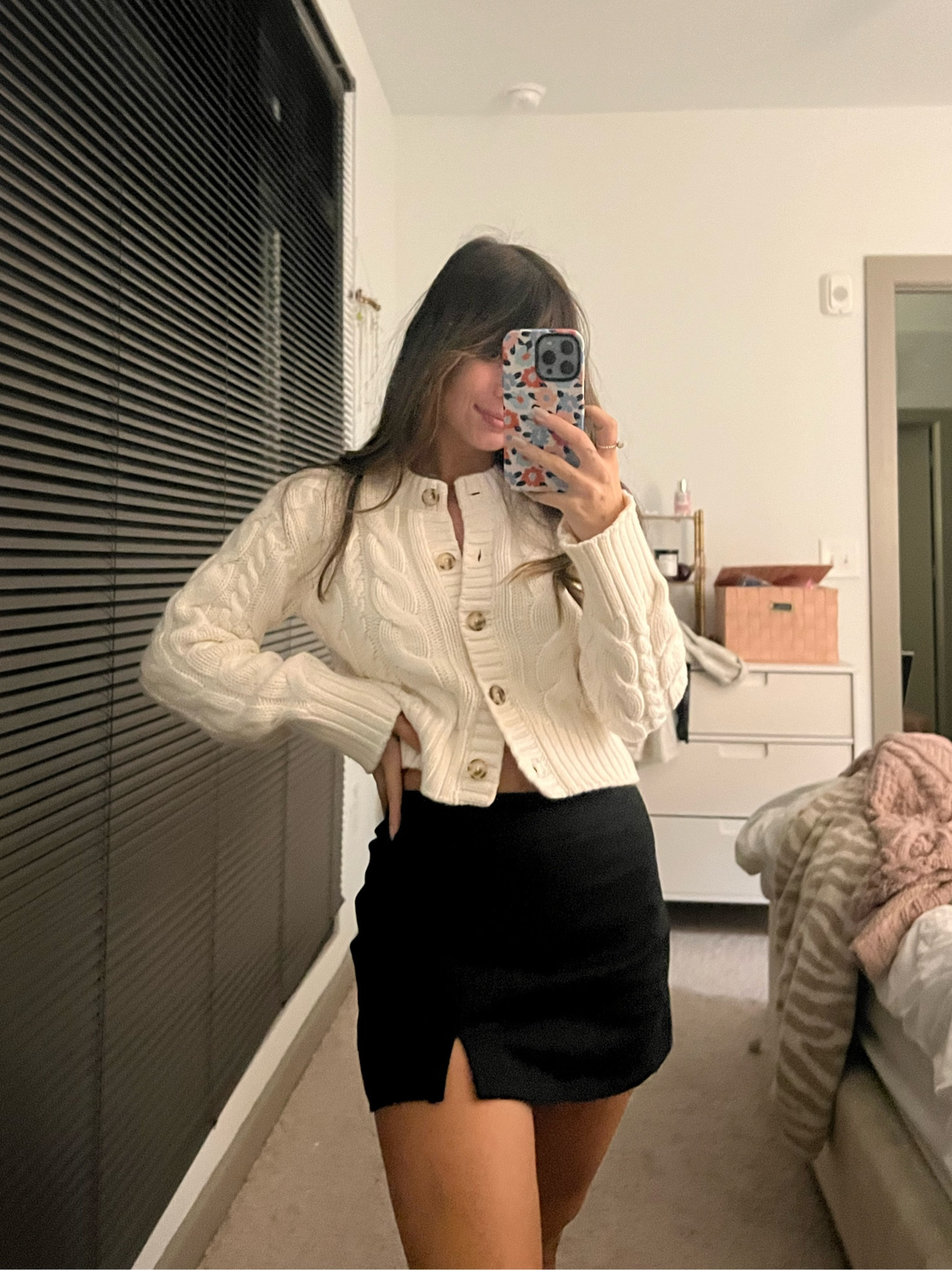 Abercrombie cardigan and American Eagle black skort