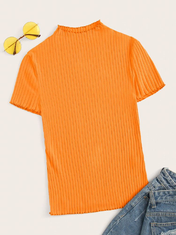 Neon Orange Lettuce Trim Rib-knit Top | SHEIN