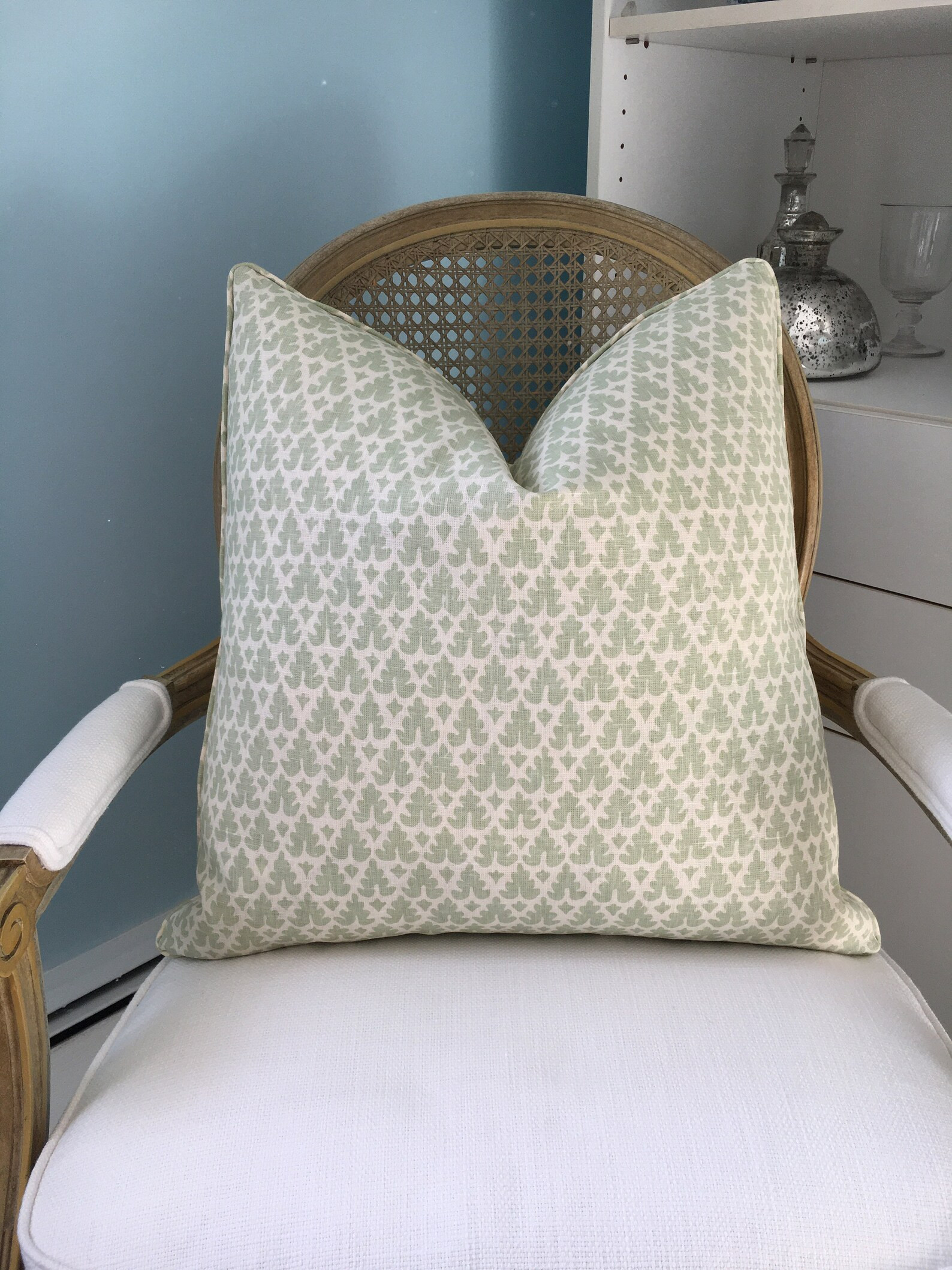 Quadrille "Volpi" both sides or one soft French green on tint high end pillow cover. 22"x 22" des... | Etsy (US)