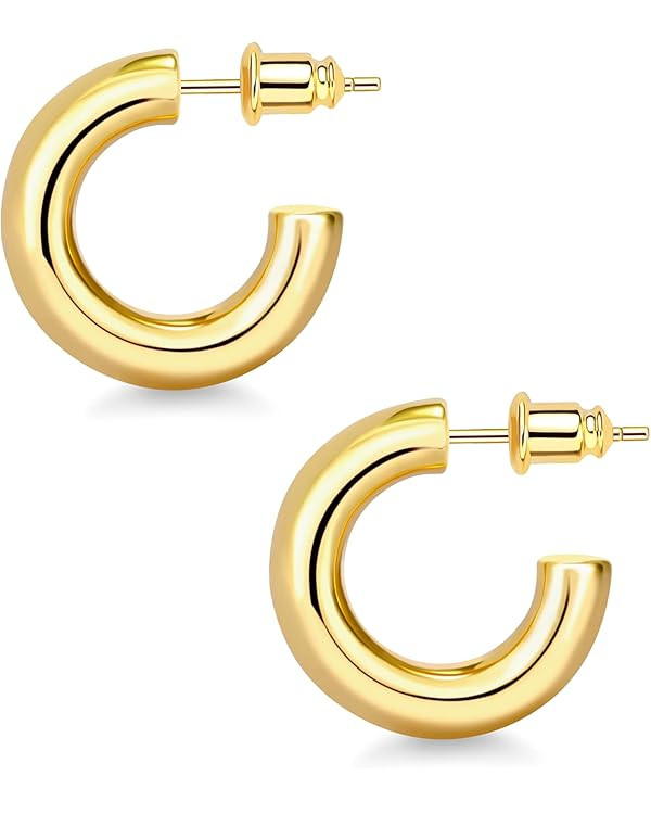 wowshow Gold Hoop Earrings, 14K Real Gold Plated Chunky Small Hoop Earrings for Women Lightweight... | Amazon (US)
