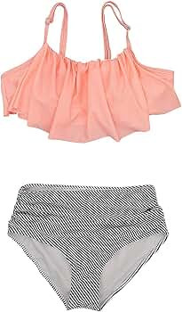 SHELY Women Two Piece Bathing Suit Halter Neck Flounce Swimwear Ruched High-Waisted Bikini Swimsu... | Amazon (US)