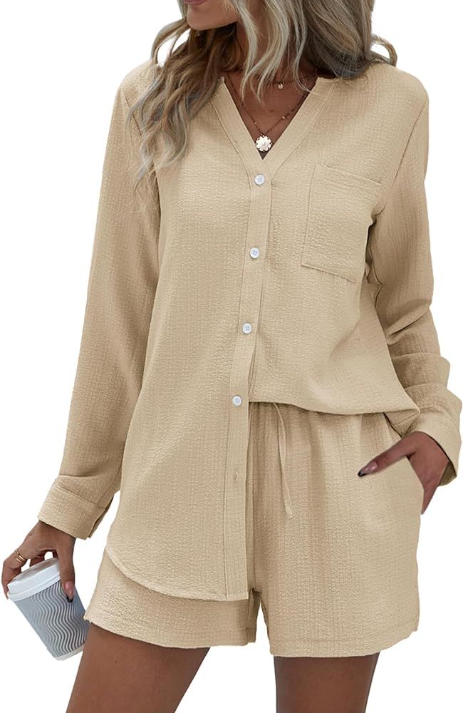 Ekouaer Women's Lounge Sets V Neck Button Down Shirt and Shorts 2 Piece Outfits Loungewear Pajama... | Amazon (US)