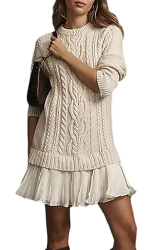 Womens Cable Knit Sweater Dress 2025 New Crewneck Long Sleeve Turtleneck Pleated Mini Dress Casual Fall Winter Outfits (A,Small) | Amazon (US)