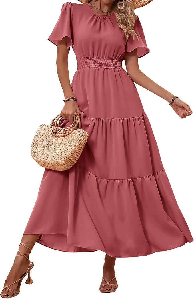 PRETTYGARDEN Women's Summer Casual Short Flutter Sleeve Round Neck Smocked Waist Tiered Boho Flor... | Amazon (US)