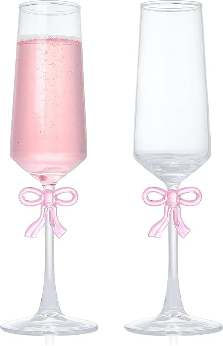 Champagne Glasses Set of 2, 8oz Elegant Crystal Stemmed Champagne Flutes with Pink Bow for Prosec... | Amazon (US)